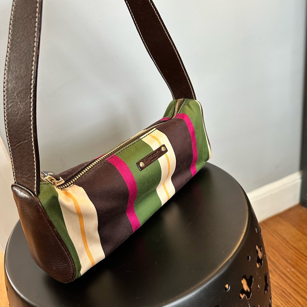 Kate Spade Satin Stripe Shoulder Bag | Leather Strap | Zip Top